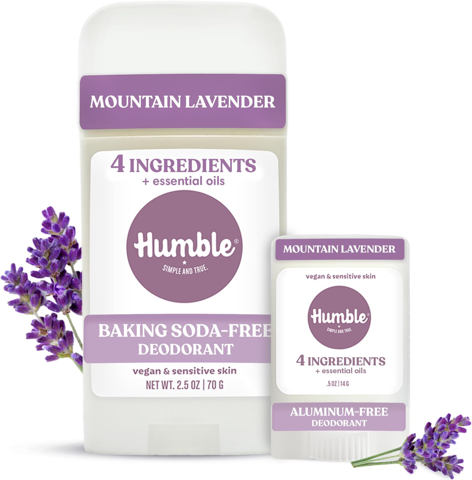 Humble Aluminum-Free Deodorant for Women & Men, Mountain Lavender - Baking Soda-Free Natural Deodorant Stick for Sensitive Skin with Essential Oils for Long-Lasting Odor Control, Full & Travel
