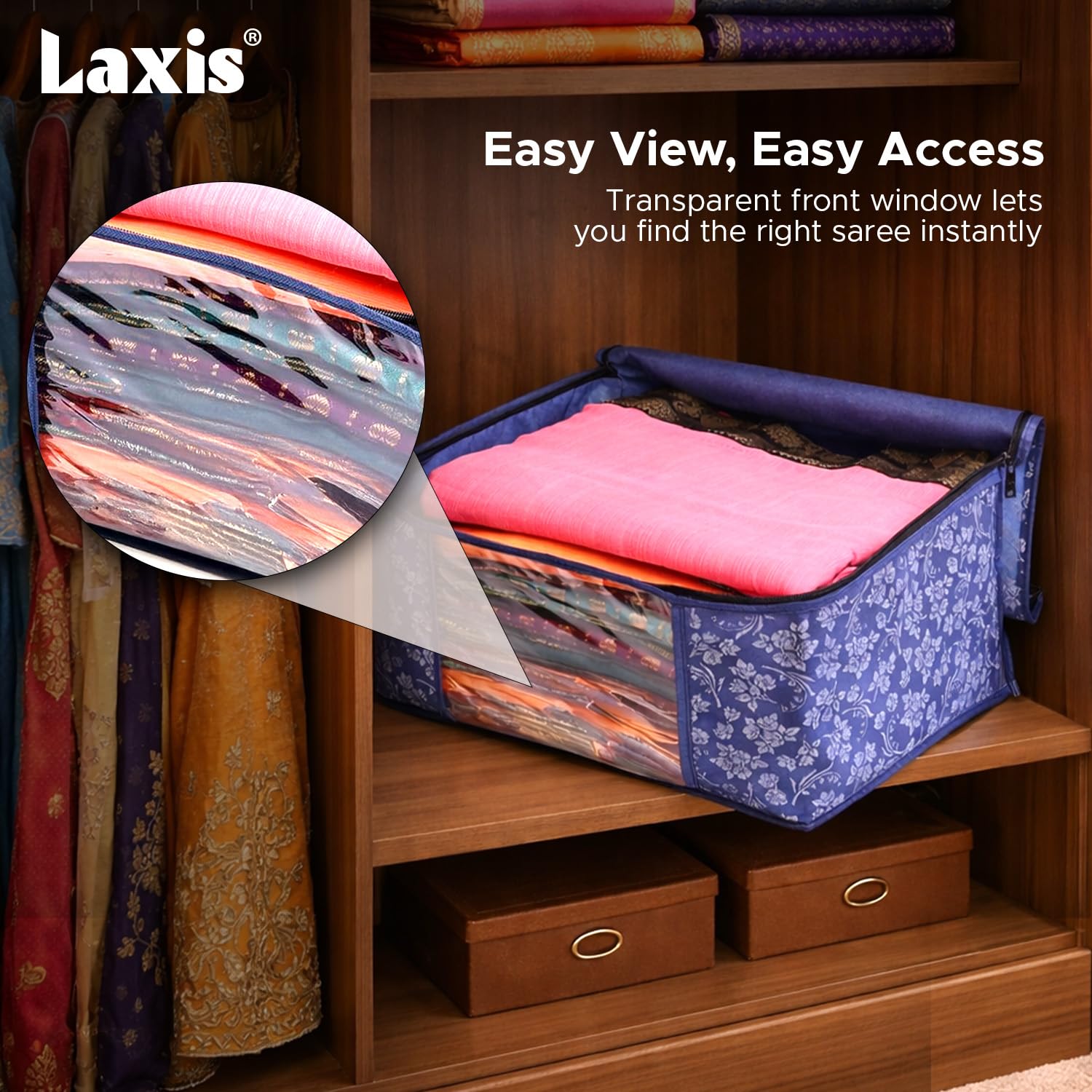 LAXIS® Saree Covers With Zip Non-Woven Printed Saree Cover/Saree Organizer For Wardrobe/Cloth Storage With Transparent Window/Saree Bags Storage/Clothes Organizer (Blue- Pack of 6) 3