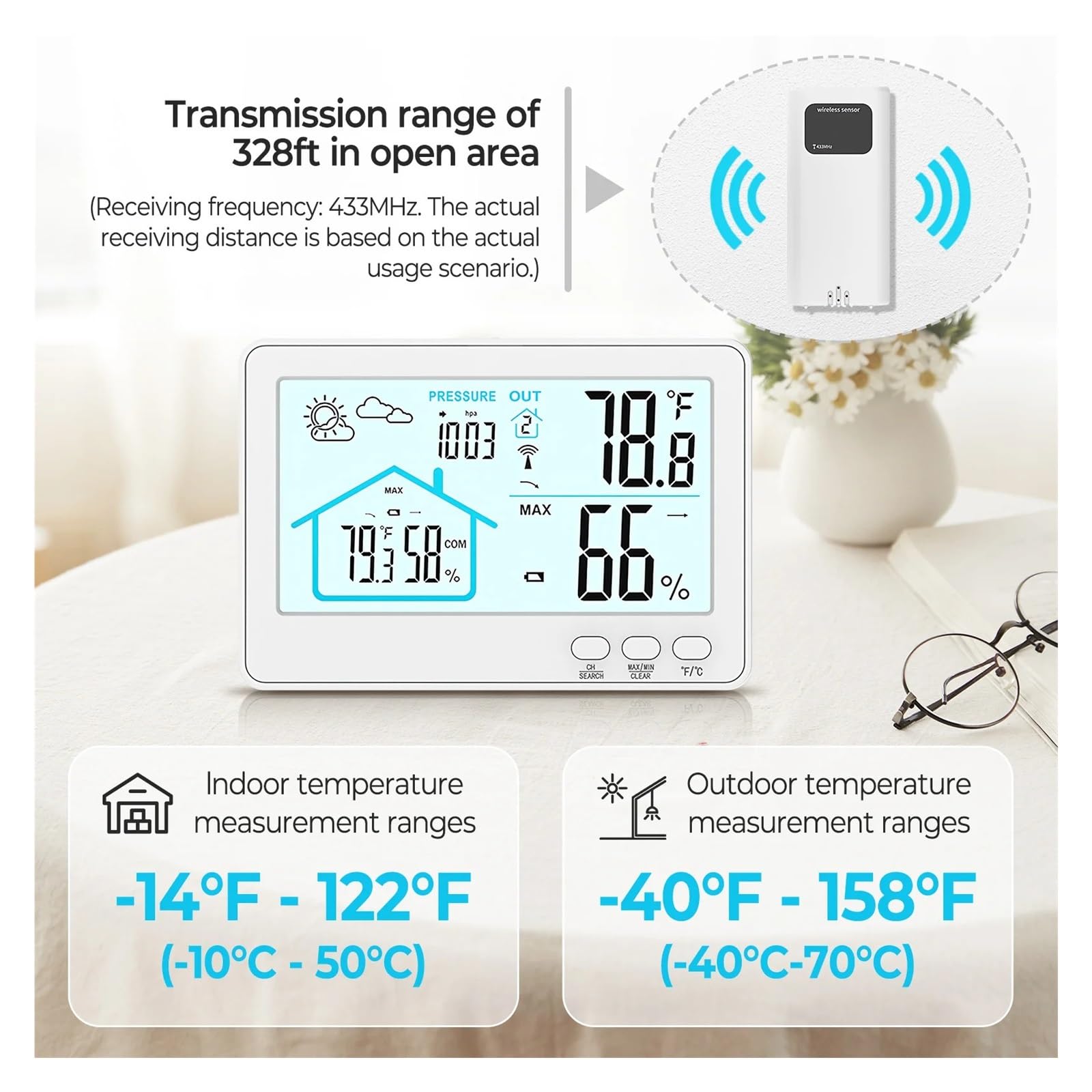 Termohigrometr Bezprzewodowy Miernik Temperatury Zewnętrznej I Wilgotności W Pomieszczeniach Wodoodporny Elektroniczny Termometr Cyfrowy Higrometr Prognoza Stacji Pogodowej(White)