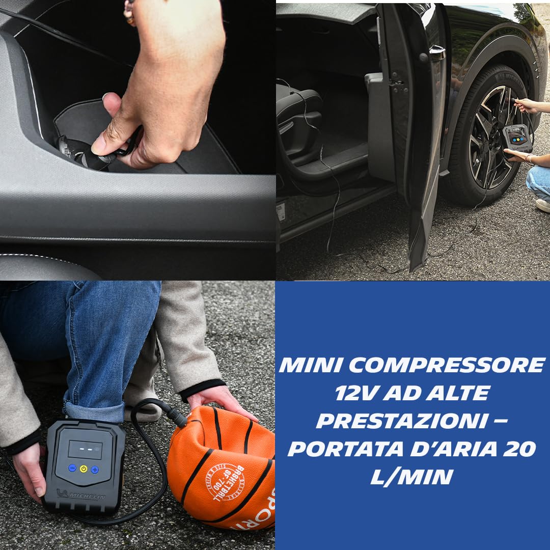 MICHELIN 009541 Mini Compressore d’Aria 12V – Portata 20L al minuto – Gonfiatore per Pneumatici Auto – Pressione Programmabile 8 BAR 138W – Attacco a Connessione Rapida – 3 Adattatori
