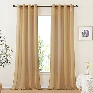 NICETOWN Desert Yellow Curtains for Living Room, Grommet Flax Linen Sheer Curtains Semitransparent with Light Filtering Luxury & Casual for Bedroom/Living Room, W52 x L108, 2 Pieces