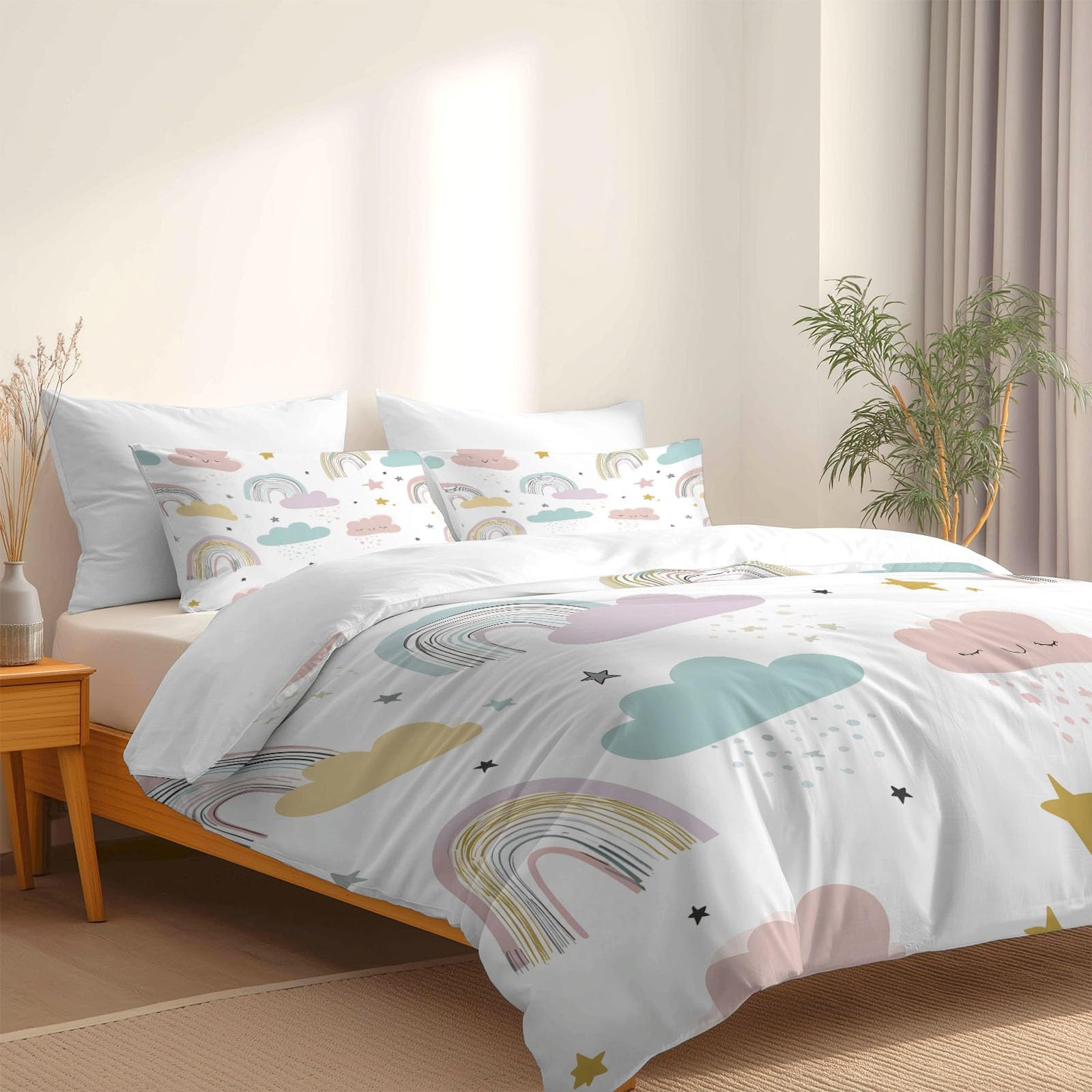 Generisch 3-teiliges Bettwäsche-Set, 1 Bettbezug 240 x 220 cm und 2 Kissenbezüge 80 x 80 cm, Niedlicher Boho Minimal Regenbogen Wolken Sterne Weiche Mikrofaser, Einweihungsgeschenk, Weiß