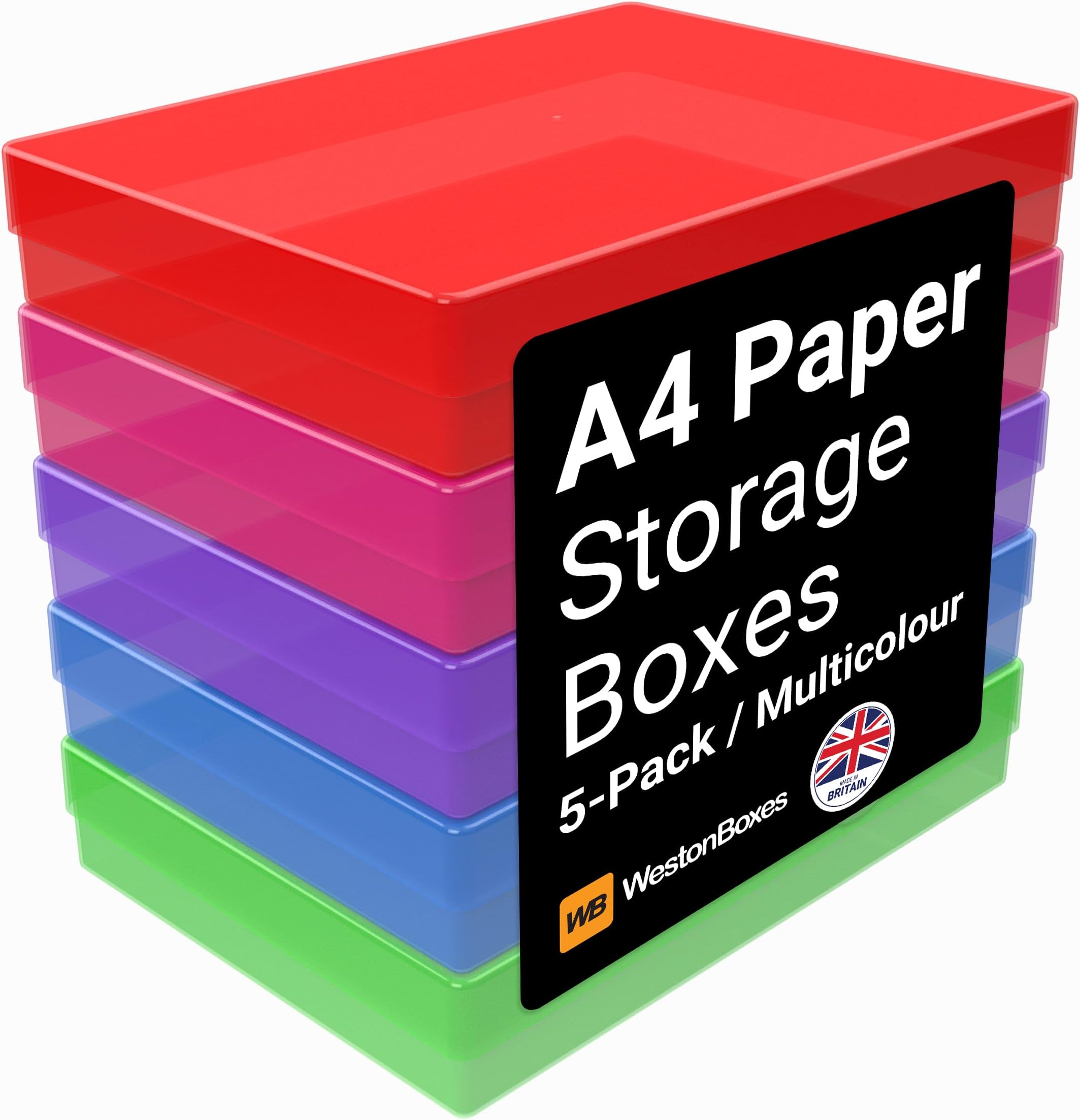 WestonBoxes A4 Colourful Transparent Plastic Craft Storage Boxes with Lids for Art Supplies, Paper and Card (Multicoloured/Transparent, Pack of 5)