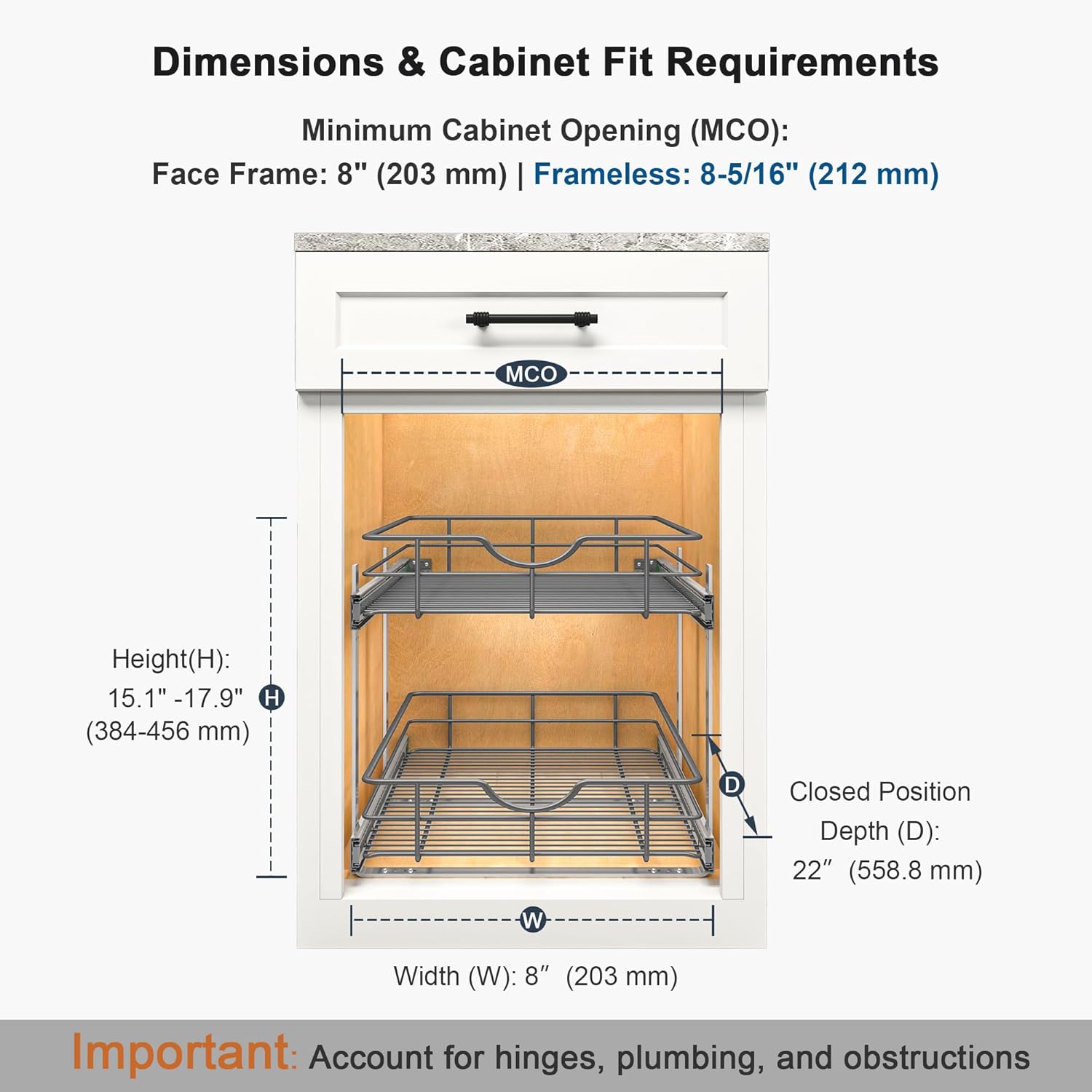 2 Tier Pull Out Cabinet Organizer - 8" W x 22" D Soft Close Slide Out Shelves with Shelf Liners - Pullout Drawers for Kitchen Cabinets, Pantry, Bathroom, Heavy Duty Steel Wire Baskets