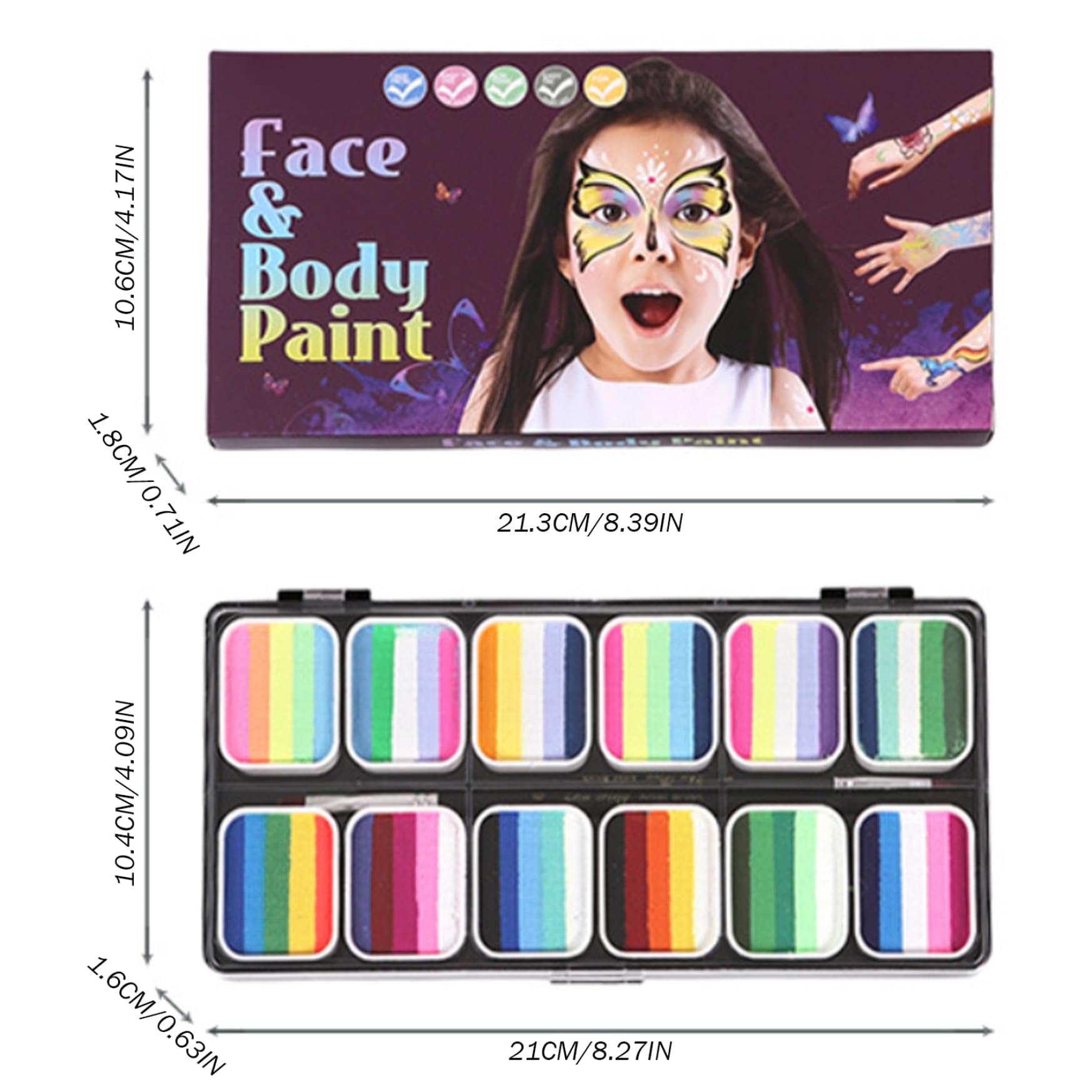 Kit de peinture faciale 12 palettes à gâteaux divisées kit de maquillage en face avec pochoirs Broussants Stickers arc-en-ciel non toxique peinture corps pour enfants pour enfants Halloween Car