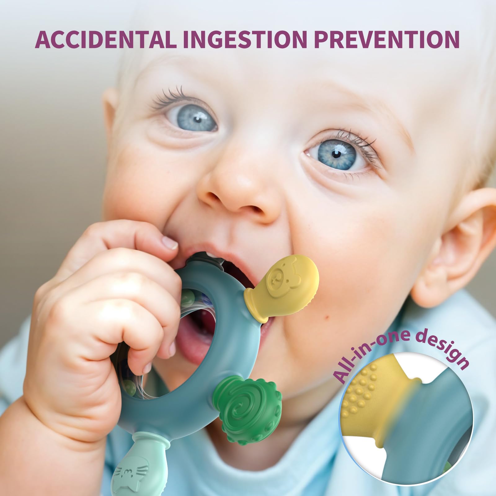 akolik Giochi Dentizione Neonato, Sonaglio Anello Massaggiante in Silicone per Bambini, Massaggiagengive Senza BPA per neonati di età superiore ai 3-6 6-12 mesi