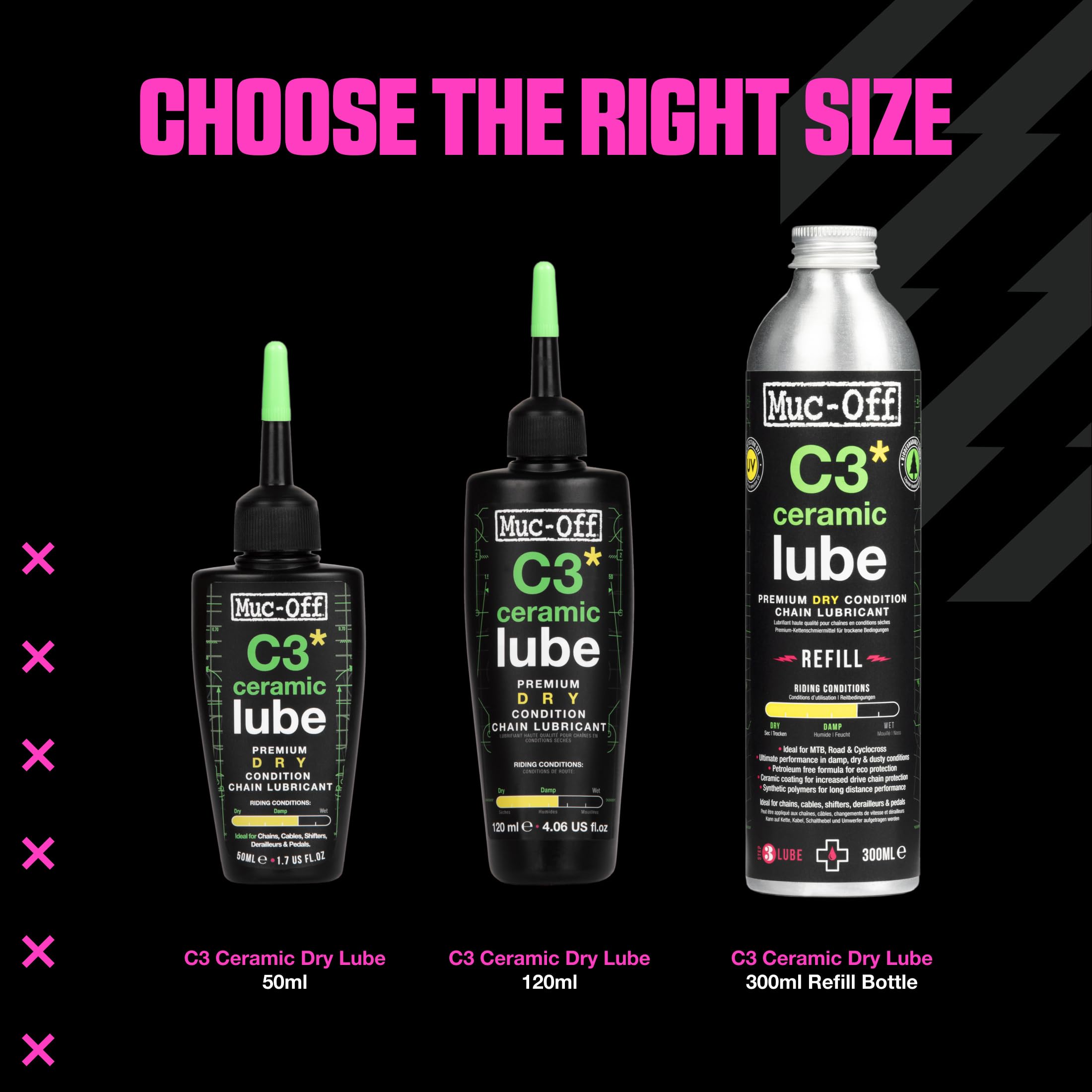 Muc-Off C3 Ceramic Dry Chain Lube, 120 ml - Grasso Ceramico per Catena, Lubrificante Catena Bici con Colorante Tracciante UV - Formulato per Climi Asciutti e Polverosi