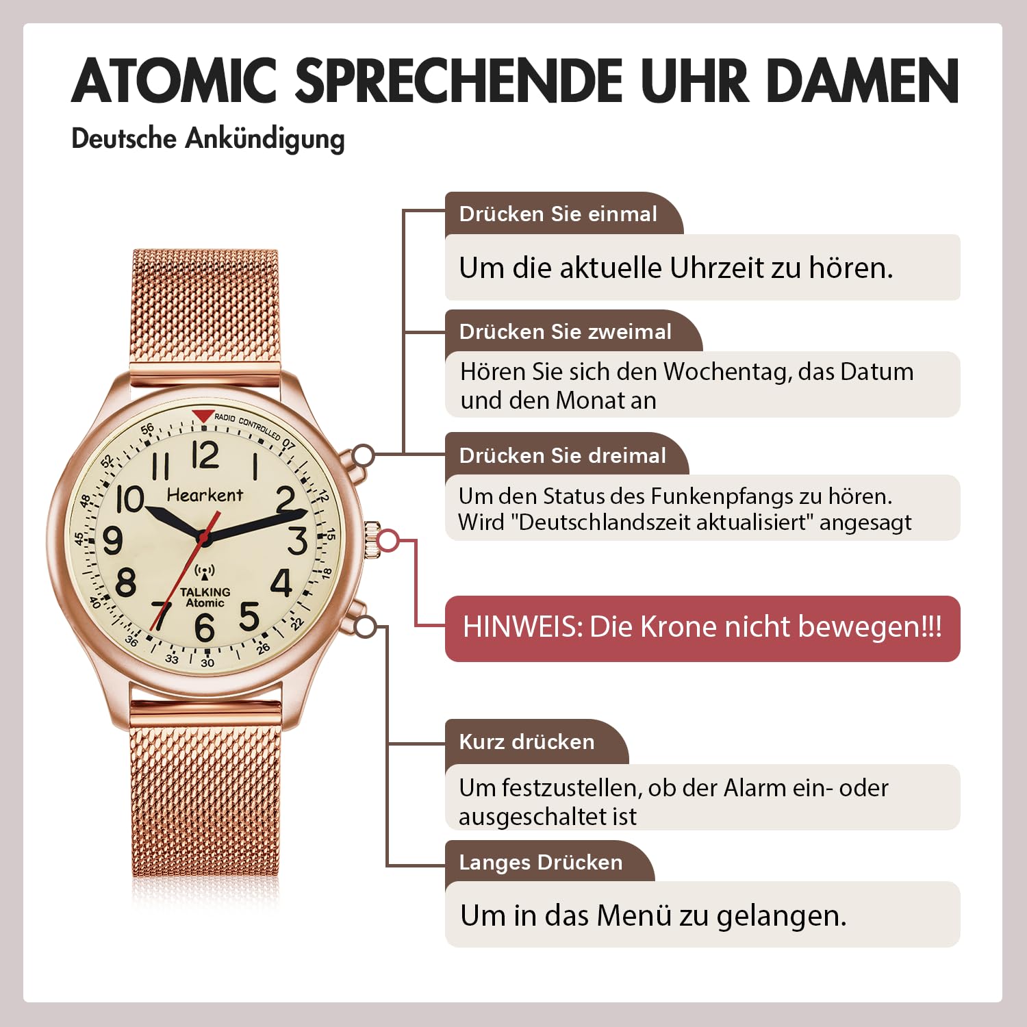 Hearkent Damen Sprechende Uhr, Laute und Klare Deutsche Sprachfunktion | Funk-Sprechuhr Analoge Armbanduhr für Senioren, Blinde und Menschen mit sehbehinderte