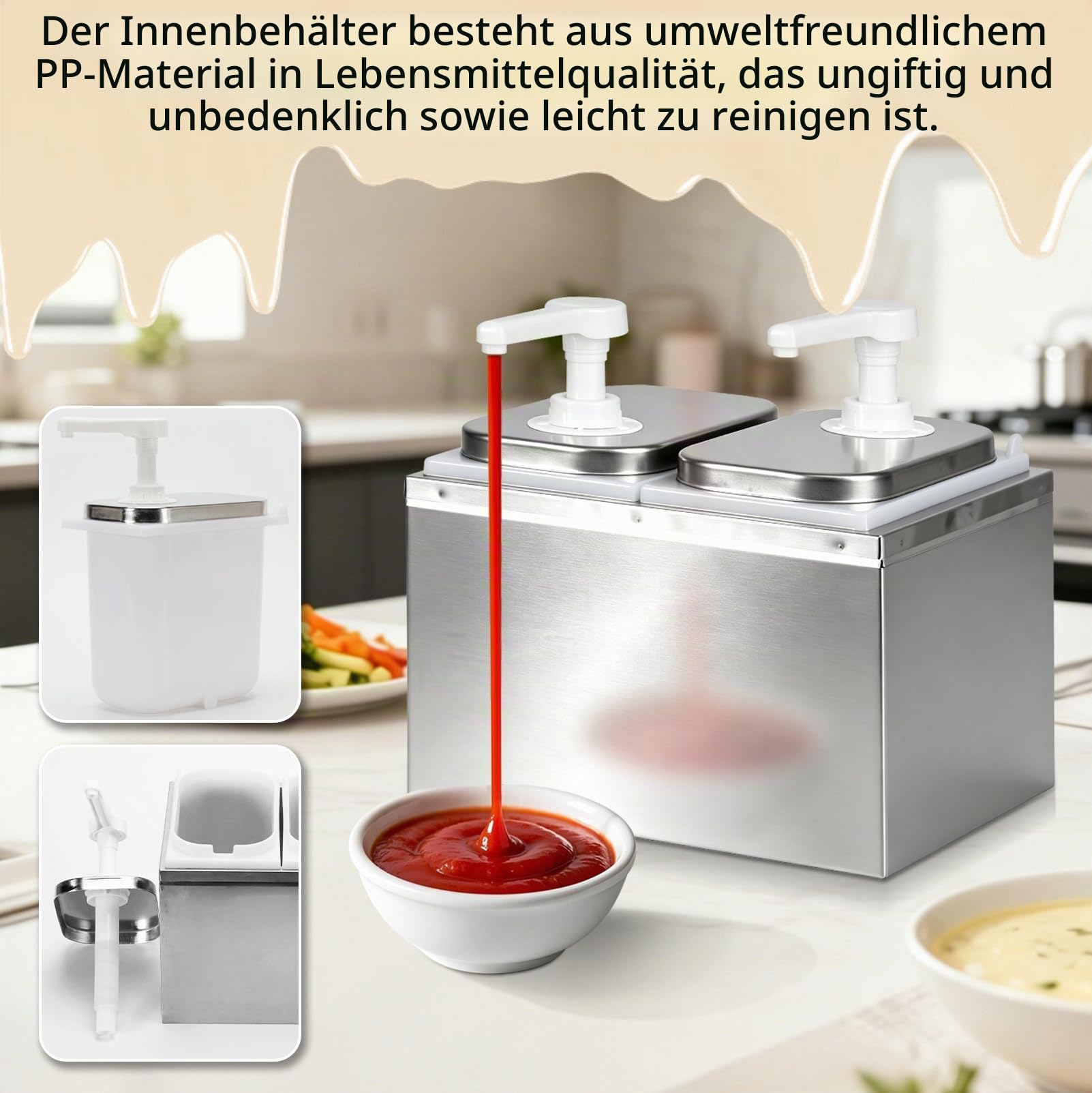 4L Saucenspender Pumpstation, 4 x 2 L Soßenspender Pumpe | Stainless Steel Sauce Dispenser Pump Sauce für Ketchup, Mayo, Senf, Dosierpumpe für Küche Restaurant - 4 Pumps