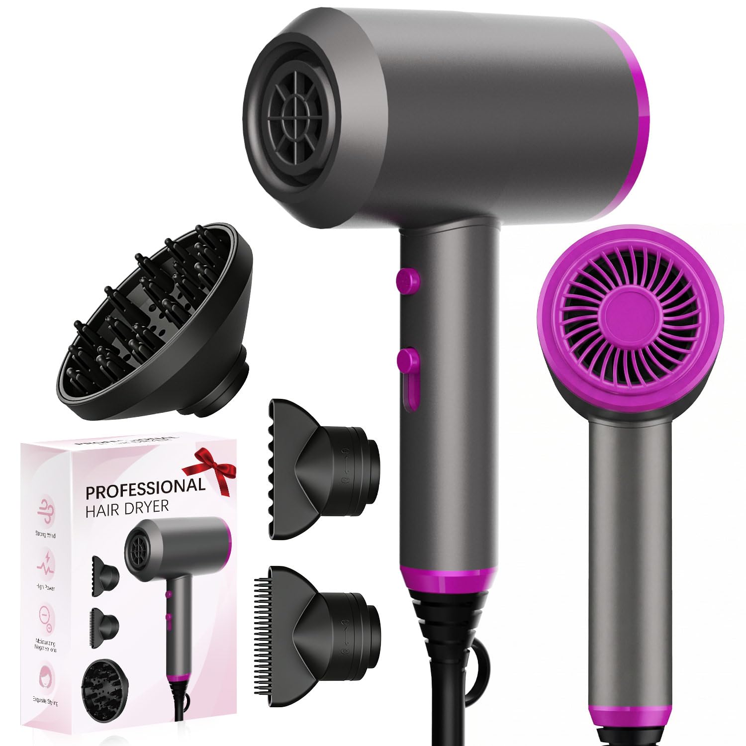 Tekwet Professional Hair Dryer, 2000W Fast Dry Ionic Hairdryer with Diffuser & Cool Button, 2 Speed 3 Heat Setting, Hairdryers for Women & Men, 2 Concentrators and 1 Diffuser, Grey & Pink