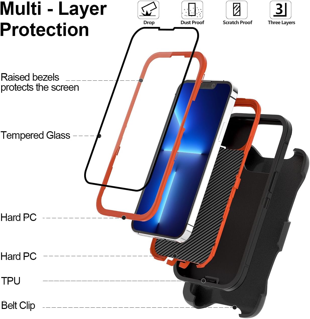 Case for iPhone 13 Pro Max Case 6.7" with Belt Clip Holster Kickstand, 2 Screen Protector & 2 Camera Lens Protector, Heavy Duty Full Body Protection Phone Case(Belt Clip,Black+Orange) - Image 2