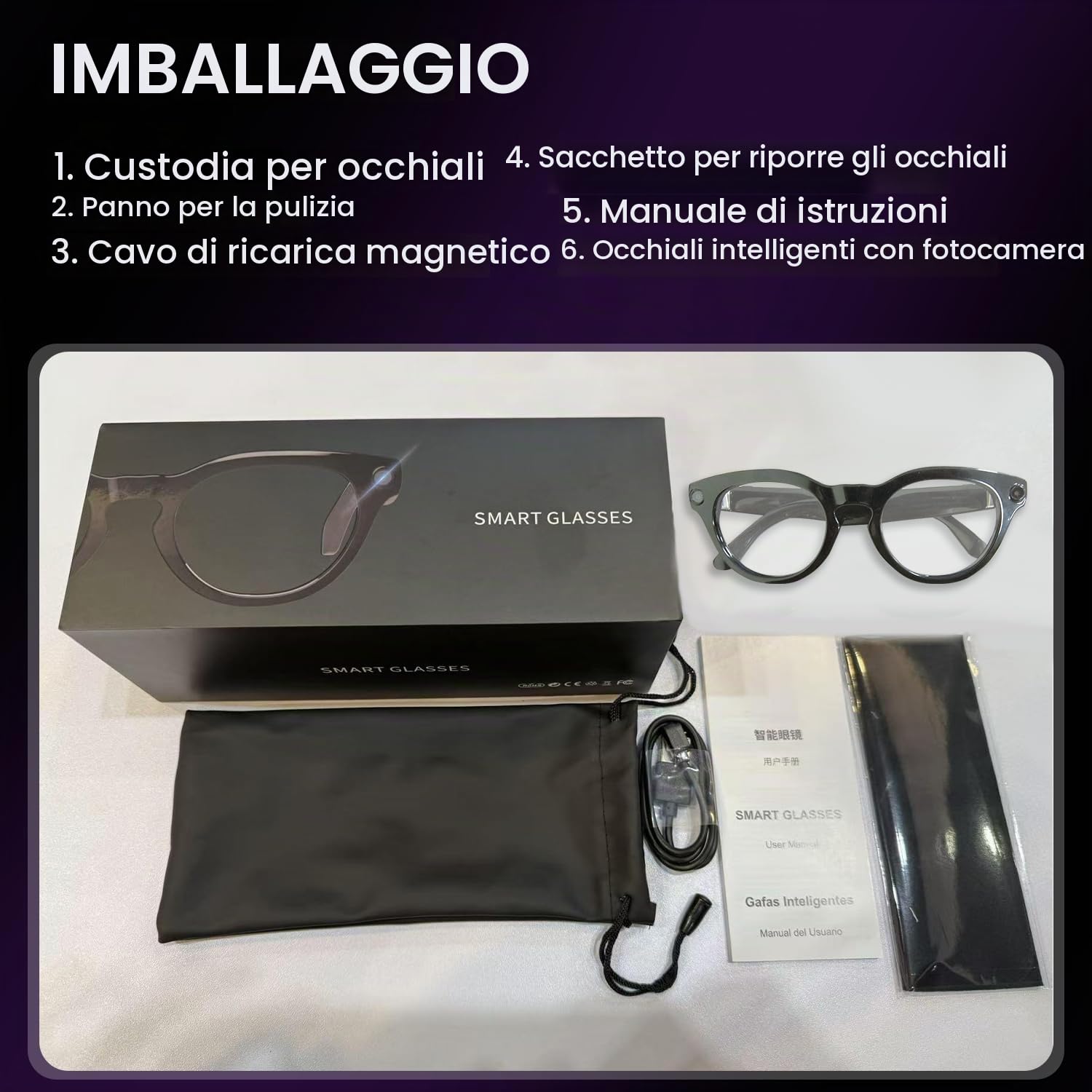 GenXenon Occhiali Connessi Con IA, Occhiali-Camera HD 8 MP – 220 mAh, Video 1200P, Scatto Di Foto E Video, Traduzione In Tempo Reale, Occhiali-Camera Per Ciclismo, Escursionismo E Viaggi.