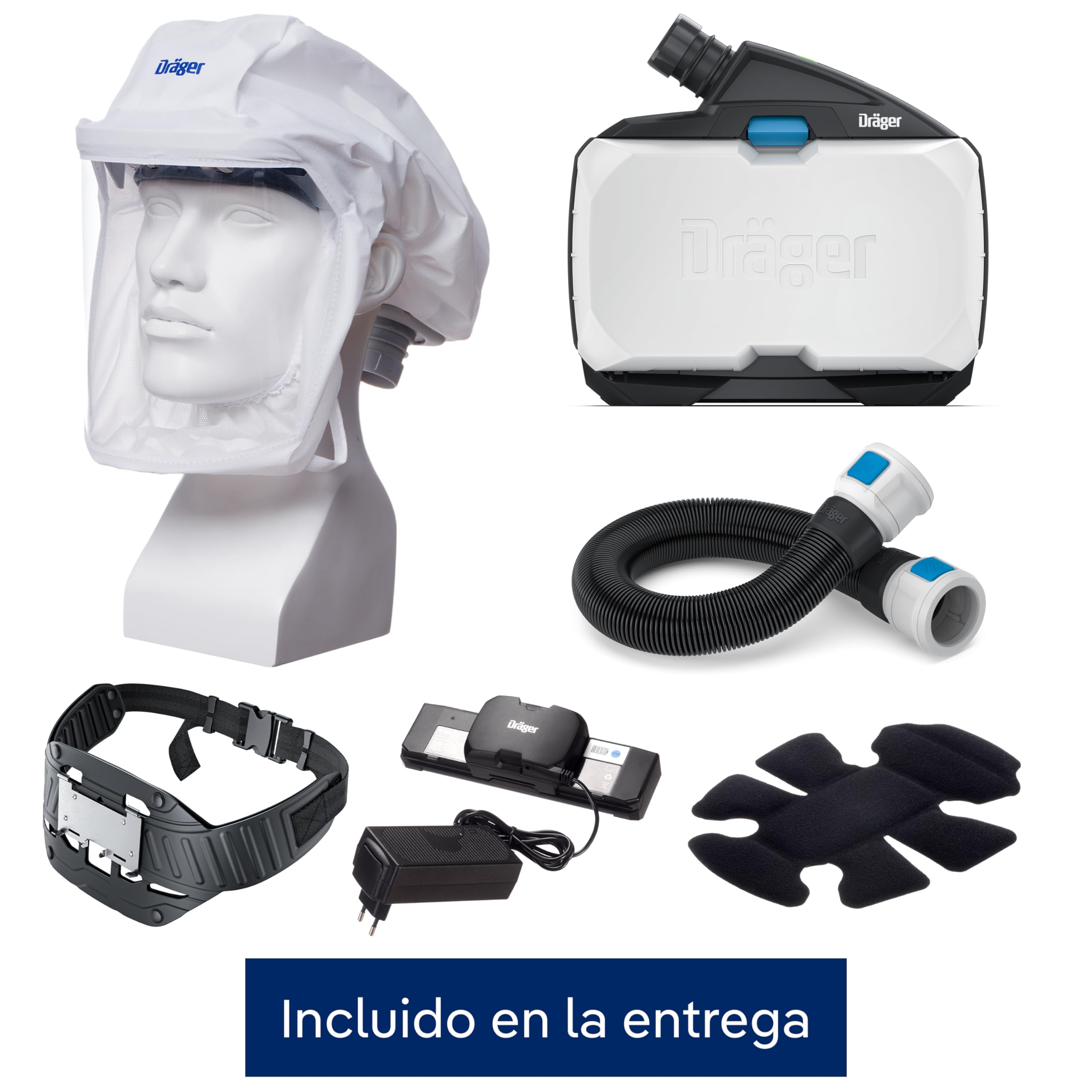 Dräger X-plore 8500 PAPR, aparato respiratorio, aprobado por NIOSH, IP 65, capó corto L/XL, batería de iones de litio, manguera flexible