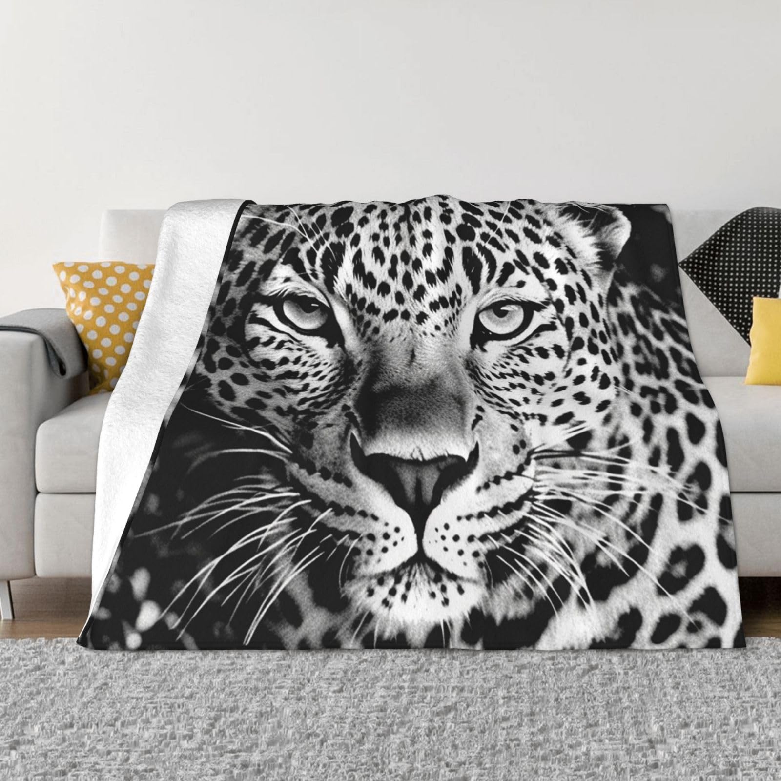 Couverture léopard noir et blanc en flanelle polaire de 203x152 cm pour lit et canapé