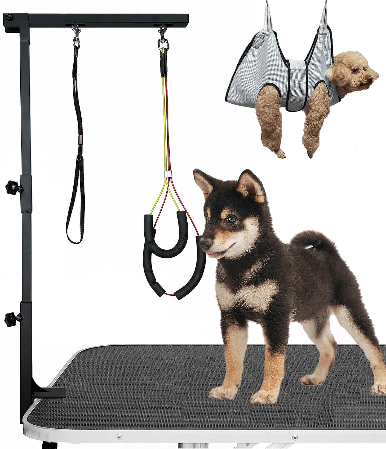 Dog Grooming Arm with Pet Grooming Hammock, 36” Dog Grooming Table Arm Height Adjustable Two No Sit Haunch Holder Three Section Design Suitable for Medium, Small Dogs, and Cats