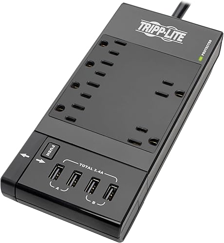 Miniatura 6 de Tripp Lite Regleta de protección contra sobretensiones con USB, 6 salidas y 2 puertos USB, montaje en pared y escritorio, cable trenzado de 10 pies