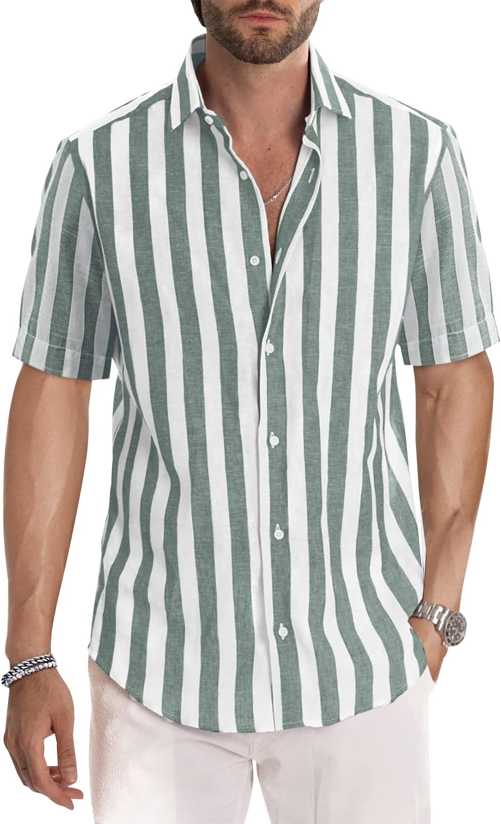 Men's Casual Stylish Short Sleeve Button-Up Striped Dress Shirt Cotton Beach Shirts
