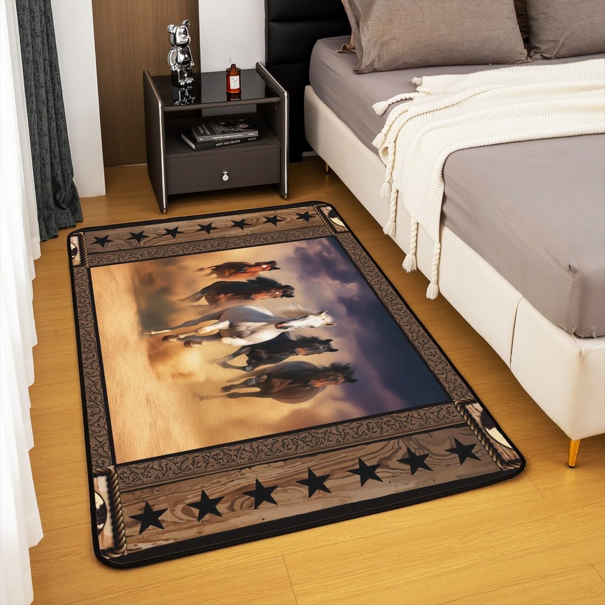 Castle Fairy Running Horse Decorative Rug 5x6'6'',Rustic Animal Indoor Floor Mat for Playroom Bedside Sofa Bedroom,Vintage Oil Painting Wood Grain Stars Non Shedding Rug for Kids Teen Boys Girls