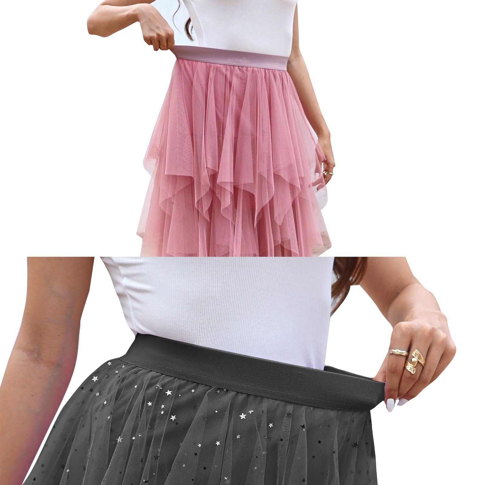 PUKAVT Faldas de tul para mujer, cintura alta, elástica, falda midi acampanada, irregular, de malla, falda tutú