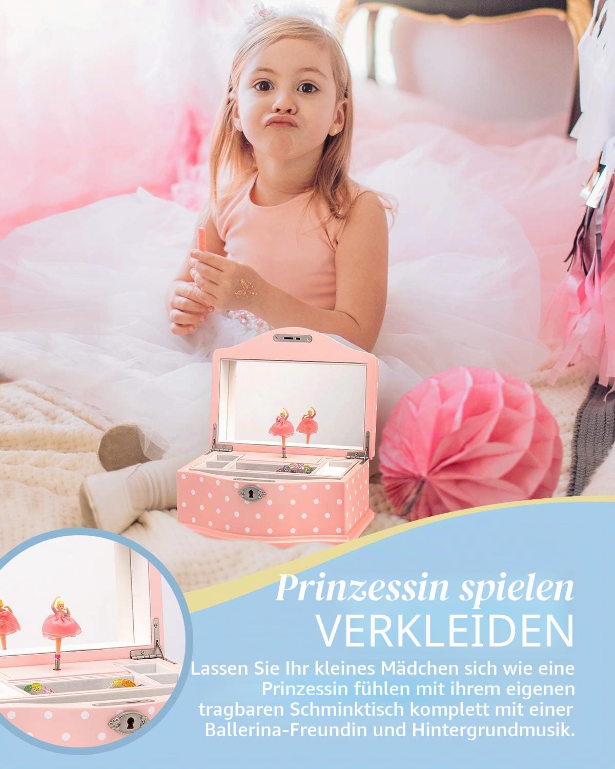 Elle Ballerina Musik Schmuckschatulle mit Schloss, Holzetui, Aufbewahrungsschachtel für Mädchen, groß (Rosa)