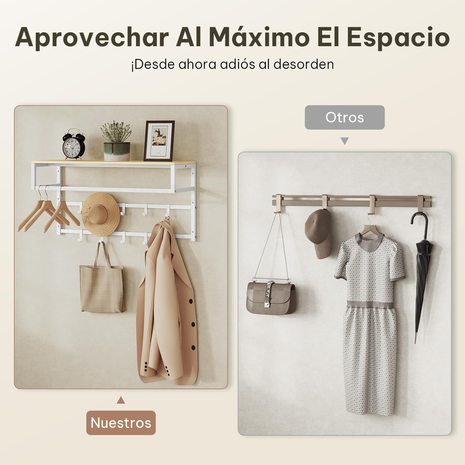 eSituro Perchero de Pared con Estante, Estantería de Pared con 10 Ganchos, Perchero para Colgar Ropa, Toallero Baño, Percha para Salón, Pasillo, Entrada, 80x41x30 cm, Blanco + Madera natural