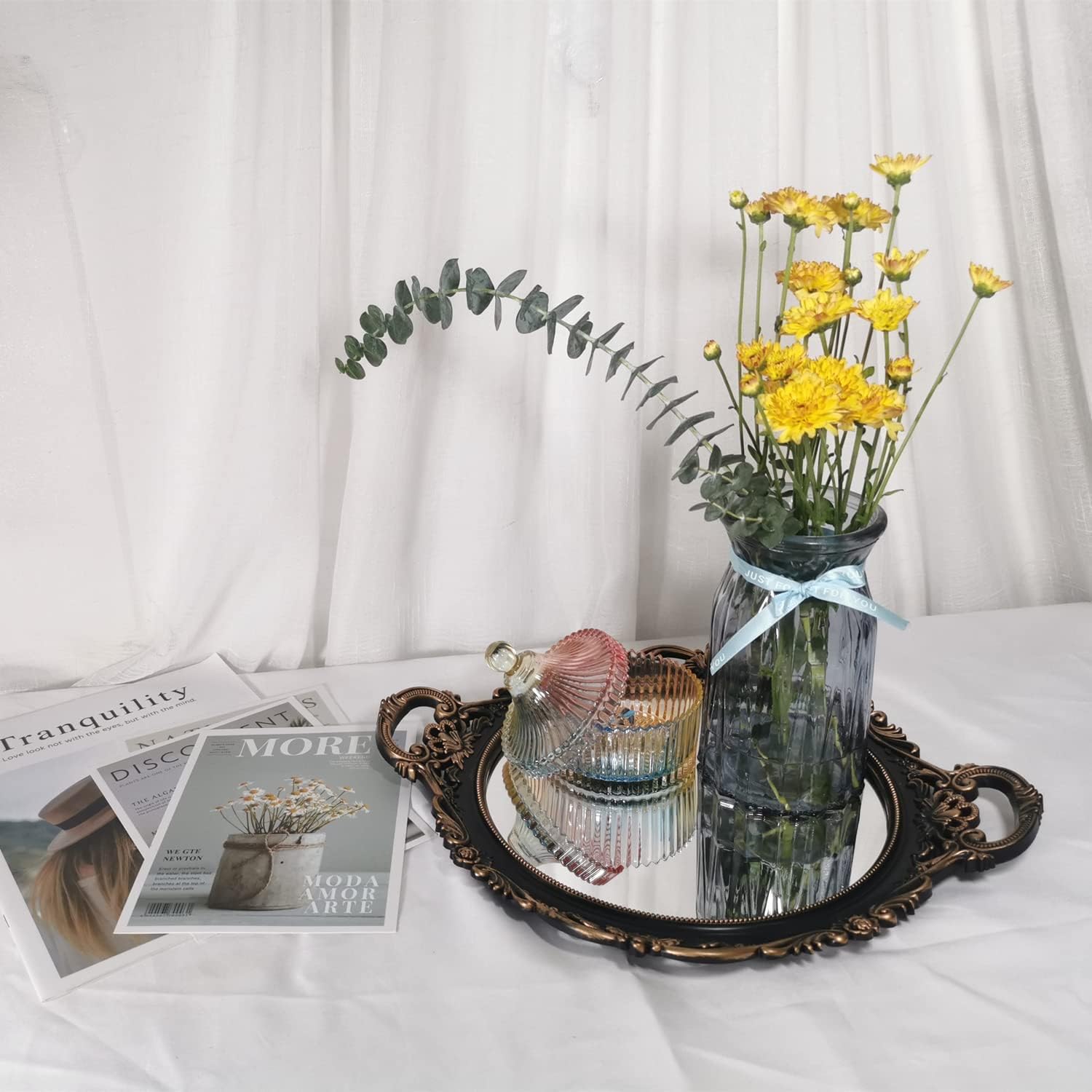 YANIZU Decorative Mirror Tray, Round with Handles, Organizer for Perfume, Makeup, Jewelry, Vintage Display and Serving Tray for Dresser, Counter and Coffee Table, 15.8" x 13", Black - Image 3