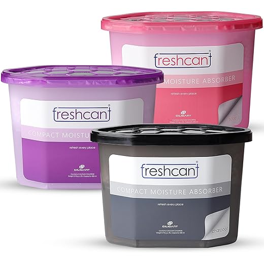 freshcant Moisture Absorber Granule for Wardrobe,Closets, Storage Compartment, Cupboard, Almirah, Shoe Rack, Bathroom Uses (1 LAVENDER, 1 ROSE & 1 CHARCOAL COMBO PACK, Pack of 3)