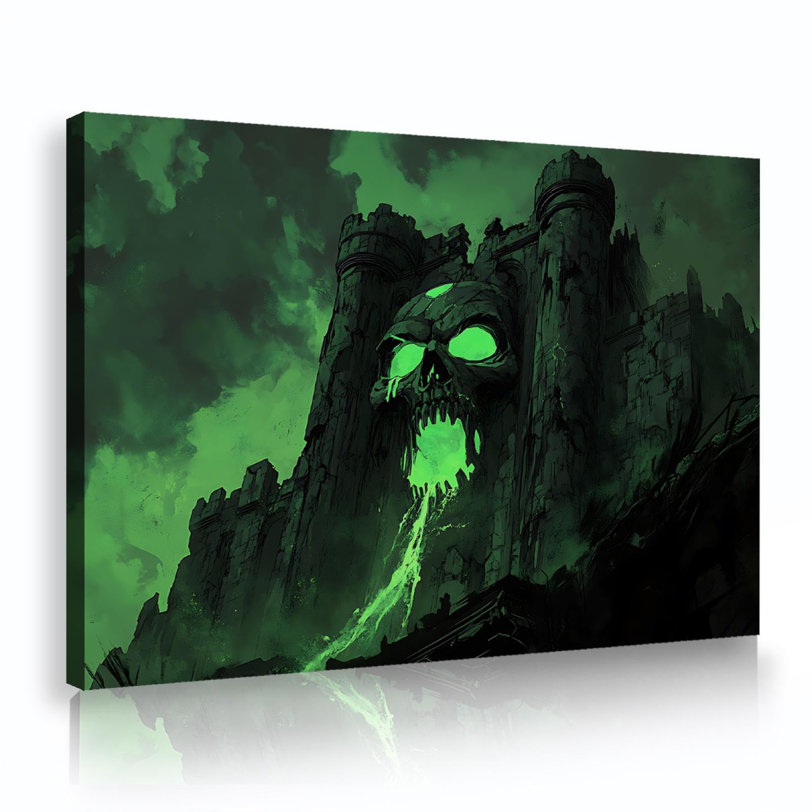 TOANGWALL Fantasy Neuheit Halloween Druck auf Leinwand Wandkunst Surreal Grün Spuk Haus Schädel Schloss Poster Bild Malerei für Bar Dekor 70x100cm Innenrahmen