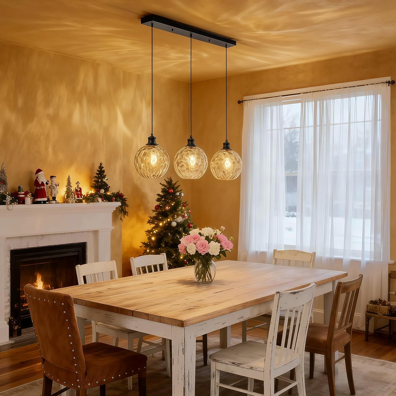 3 Light Pendant Lighting, Black Island Lights for Kitchen, 31.5" Globe Pendant Light with Clear Hammered Glass Shade, Adjustable Farmhouse Hanging Light Fixtures for Dining Room