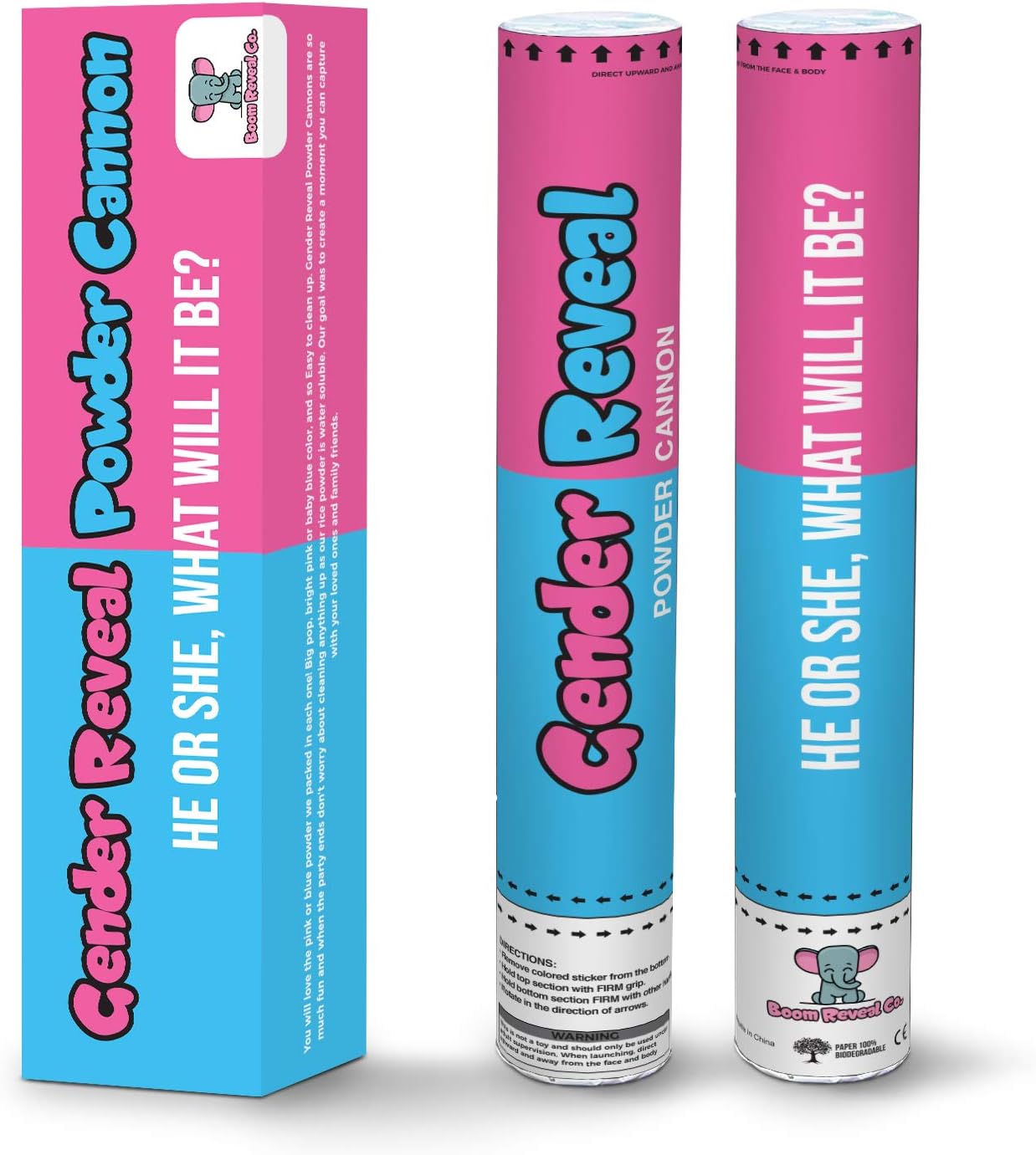 Boom Reveal Co. | Gender Reveal Powder Cannons, Pink OR Blue Set of 2 (12 inch) Gift Ready, Party Popper, Baby Shower Announcement Boy or Girl Decorations