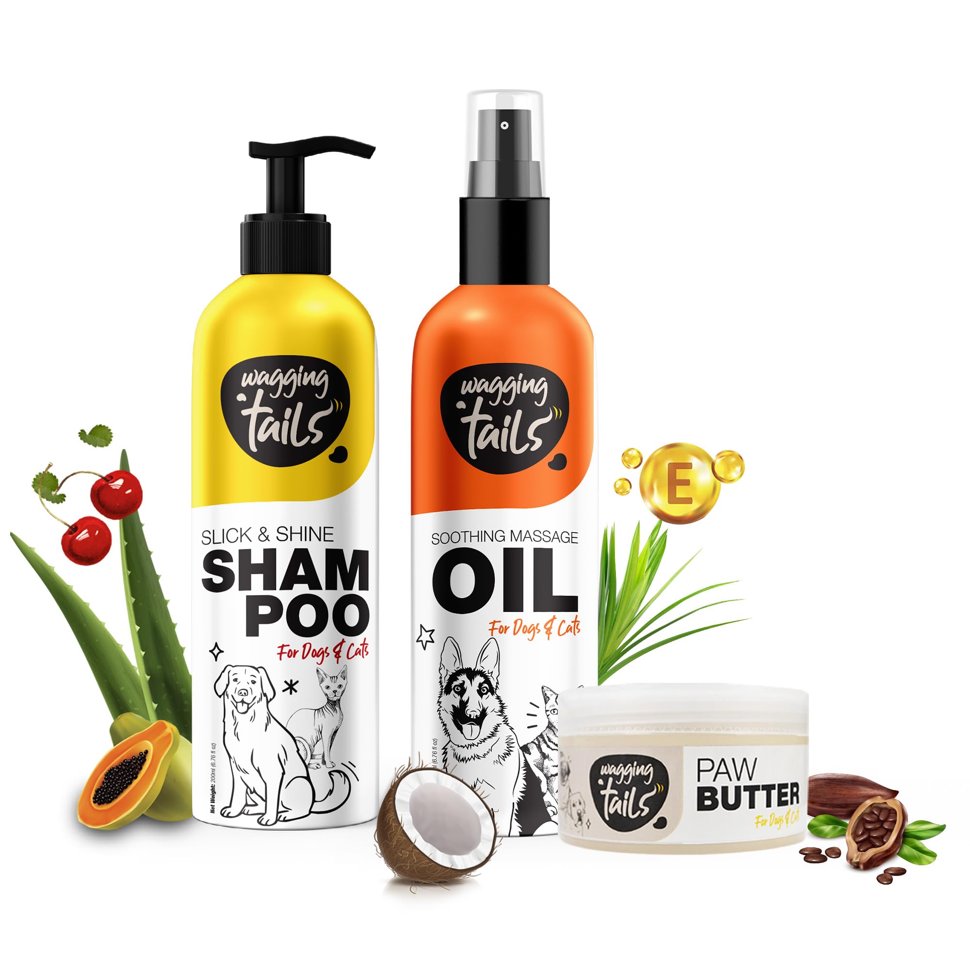 Wagging Tails 3 in 1 Combo for pets| Slick and Shine Shampoo 200ml + Massage Oil 200ml + Paw Butter 50gm| Natural Ingredients Grooming Combo Kit for Dogs, Cats & Puppies (B0C7QC8QQZ) Amazon Price History, Amazon Price Tracker