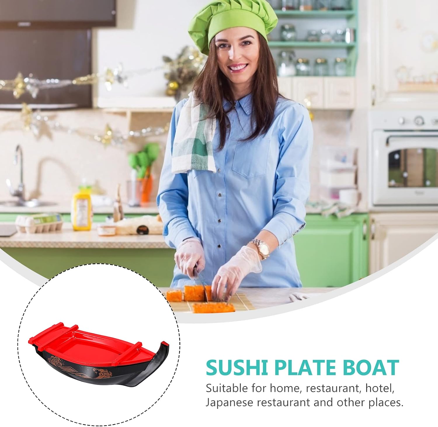 Hemoton Sushi Boat Serving Tray 13.6 Inch Plastic Japanese Style Long Rectangular Plate for Sashimi Fish Platter and Home Dining Presentation