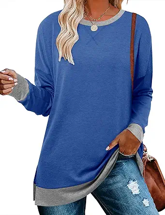 BETTE BOUTIK Women's Drop Long Sleeve Sweatshirts Casual Crewneck Tunic Tops Sweartshirts With Side Slits S-3XL