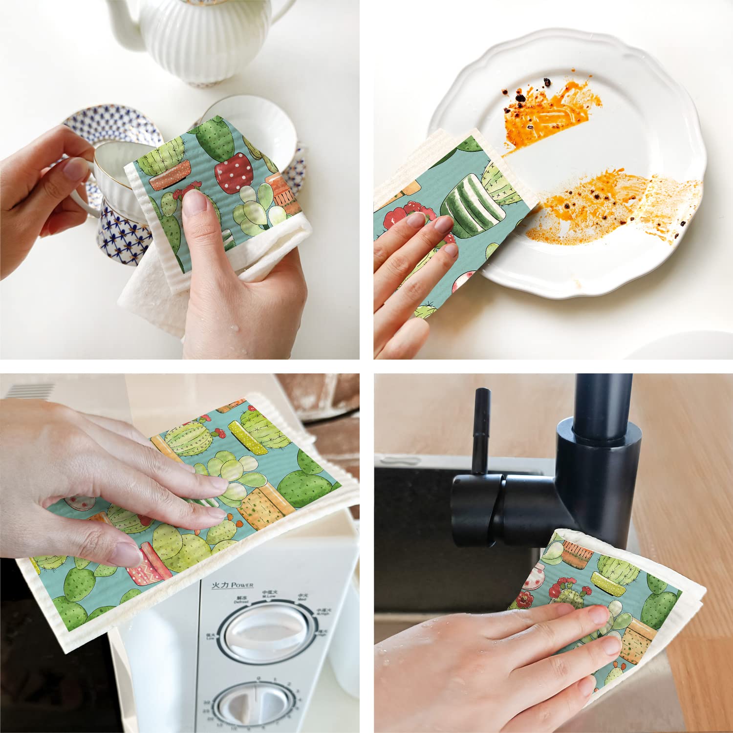 Cactus - Juego de 6 paños suecos reutilizables y compostables, esponjosos de celulosa, juego de paños de cocina ecológicos