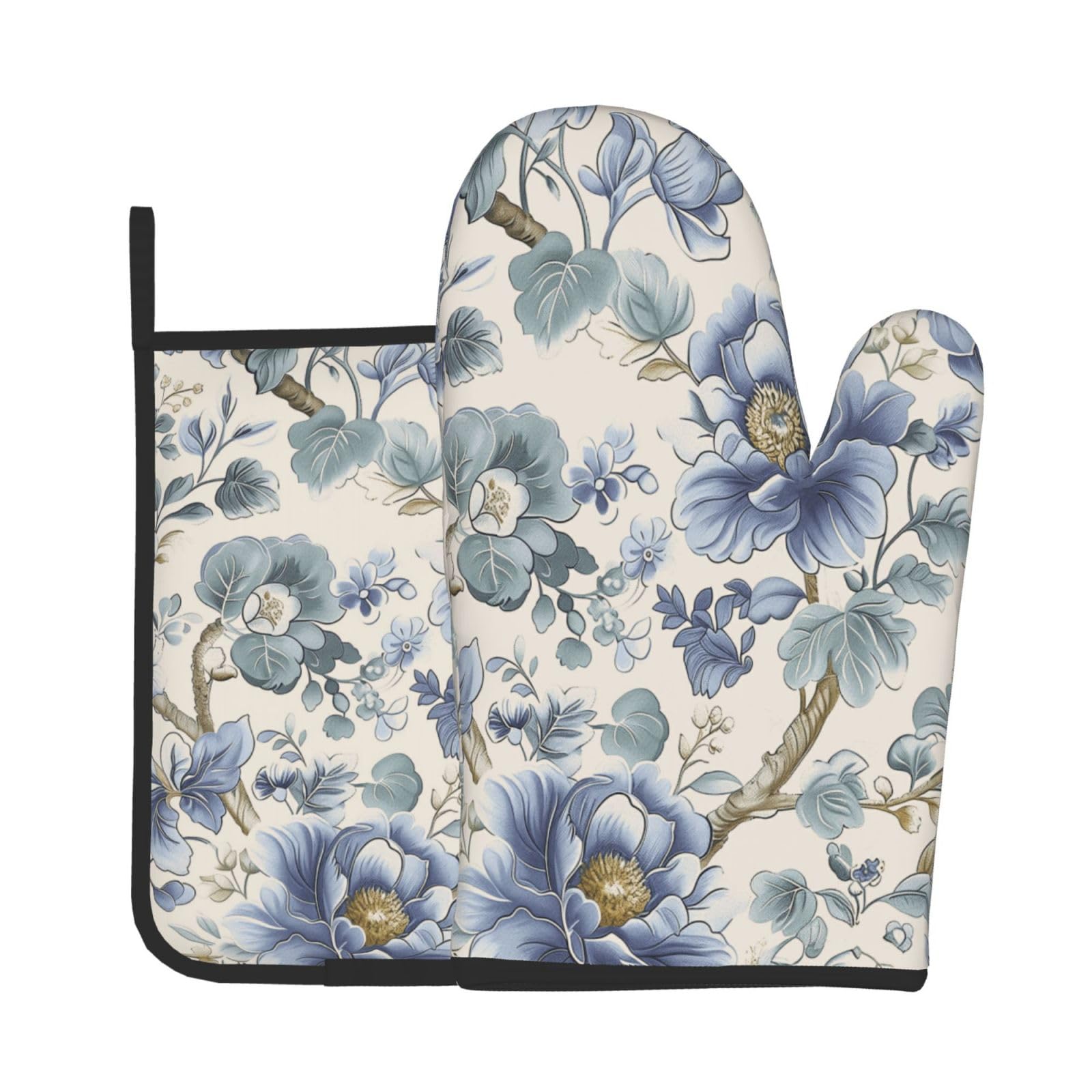 Chinoiserie Style Oven Mitts and Pot Holders Sets Blue Floral Trees Oven Mitts Heat Resistant Vintage Flowers Kitchen Gloves Hot Pads Two Piece Set for Cooking Baking Grilling BBQ
