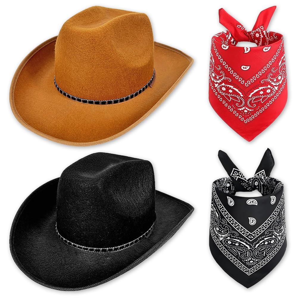 FCXVXCL Cowboy Hat for Women & Men 4 Pcs Hats & Bandanas Cowboy Sun Hat Western Fancy Accessory Wide Brim Set for Cowgirl Theme Party Halloween Accessories One Size