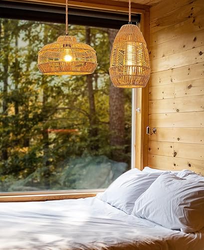 Miniatura 6 de Lámpara colgante de ratán para enchufar, con cable de enchufe, cable de cuerda de cáñamo de 15 pies, lámpara de interruptor de encendido/apagado En