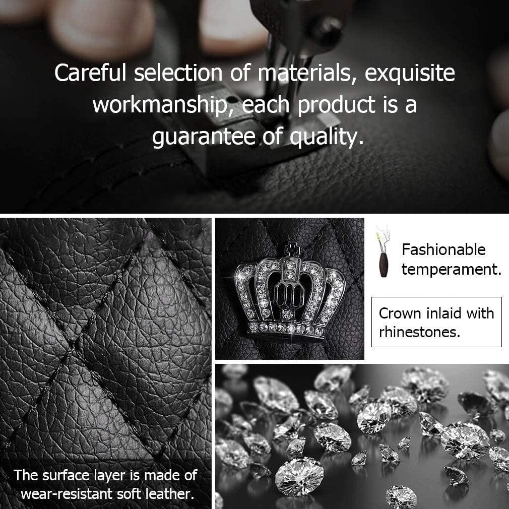 Pokrowce na kierownicę z błyszczącym diamentem, zestaw akcesoriów samochodowych Sparkly Crown dla kobiet zawiera skórzane podkładki na pas bezpieczeństwa, osłona zmiany biegów, osłona hamulca