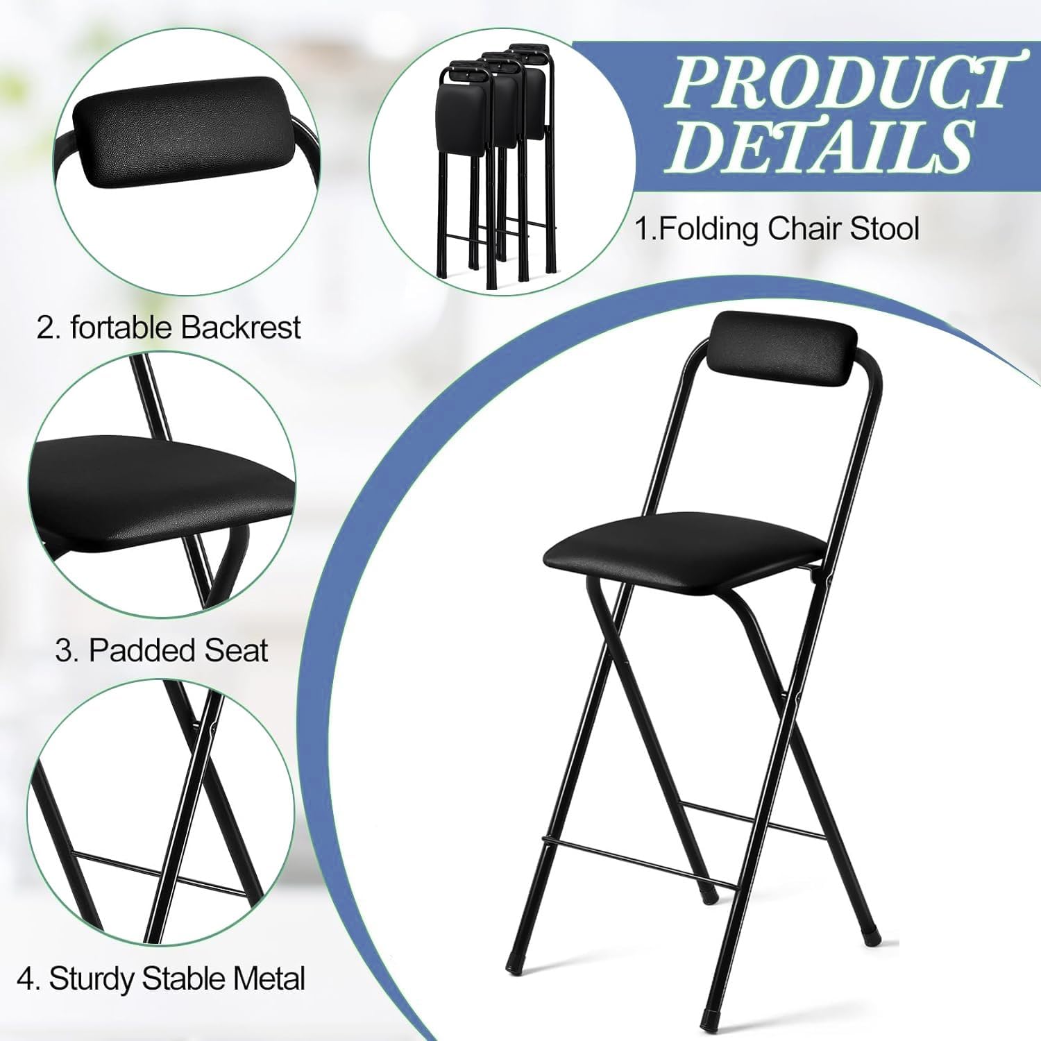 Breakfast Kitchen Folding Stool, Square Cushioned Padded High Chair with Backrest and Footrest, 24in/26in/28in/30in Height Foldable Stool for Adults (Color : Black, Size 65cm/26