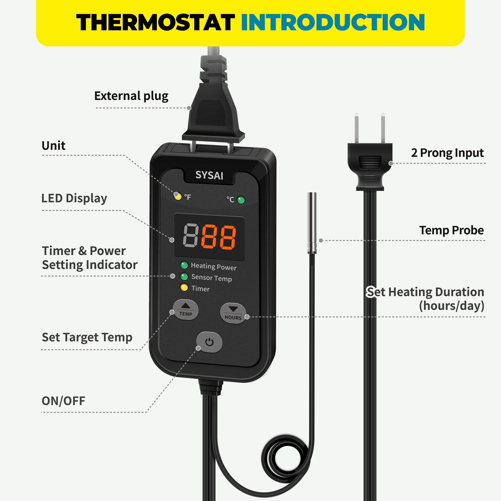 SYSAI Digital Thermostat Controller for Reptile Tank & Heat Mat, Seed Germination, Breeding & Home Brewing, 1A 100W, High Accuracy °F/°C Probe, 60-94°F - image 2