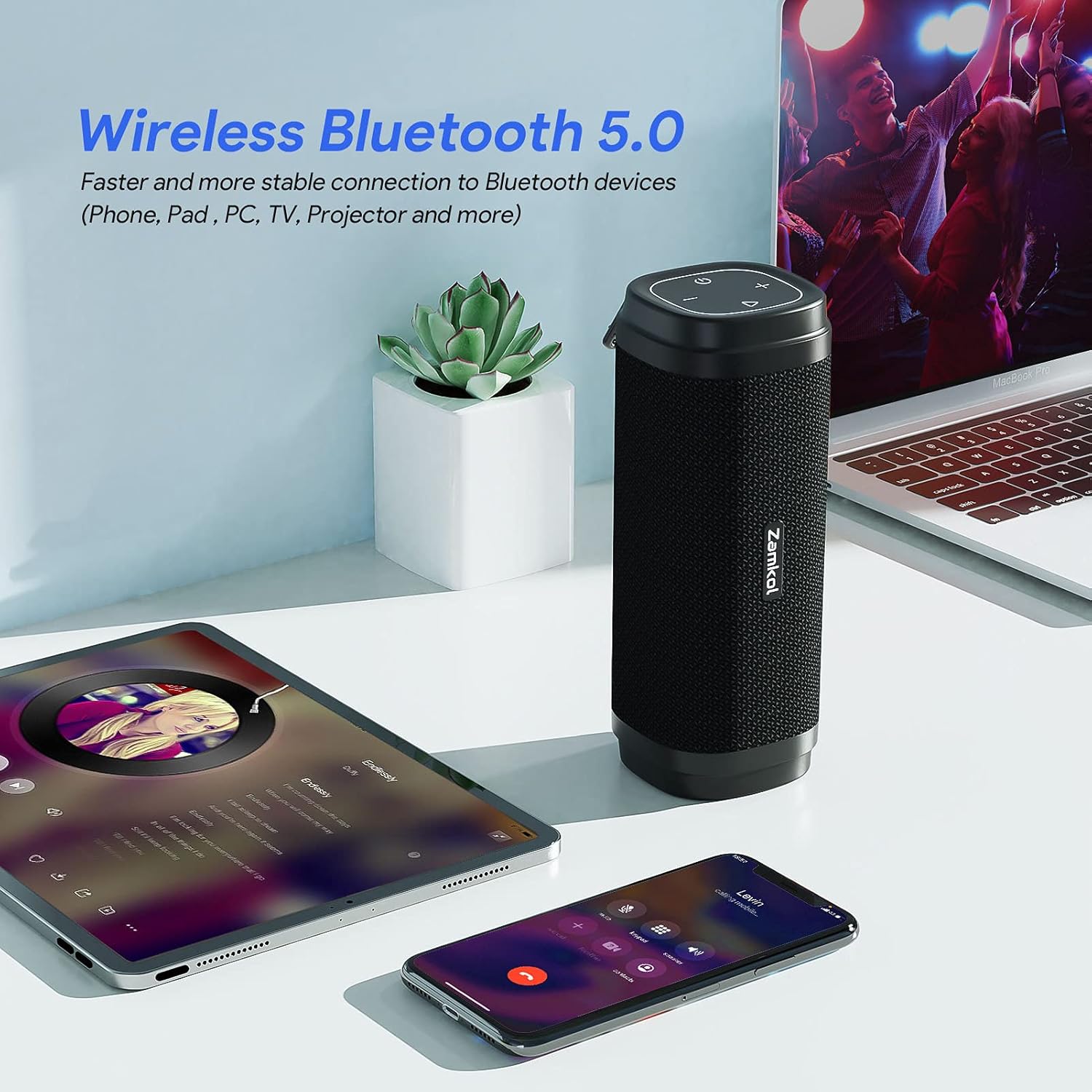 ZAMKOL speaker connected to a smartphone and tablet via Bluetooth