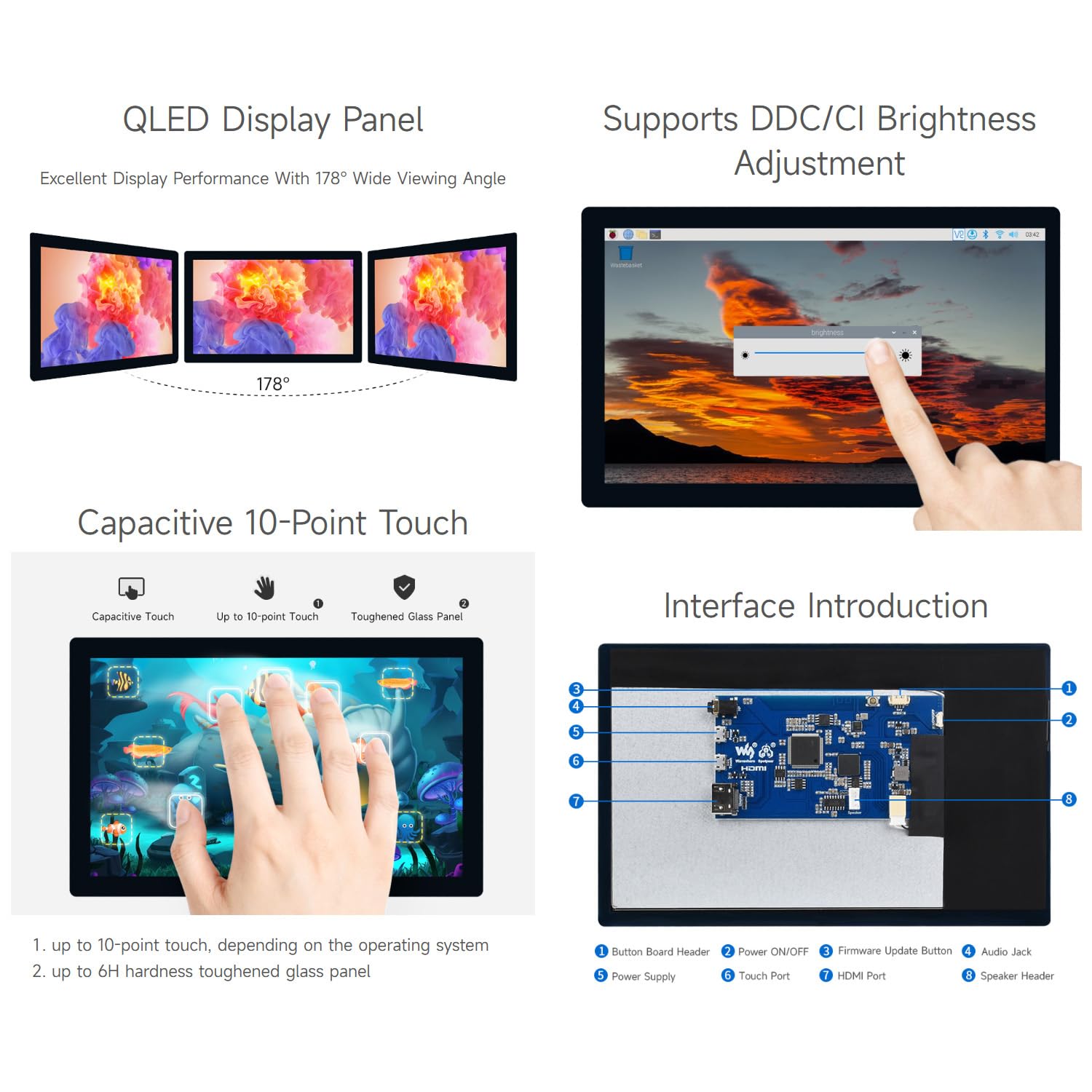 Waveshare 9inch Control Panel,Compatible with Raspberry Pi/Jetson Nano,QLED Quantum Dot Display, 1280×720, Toughened Glass Panel, HDMI Interface, Wide Color Gamut,Up to 10-Point Touch