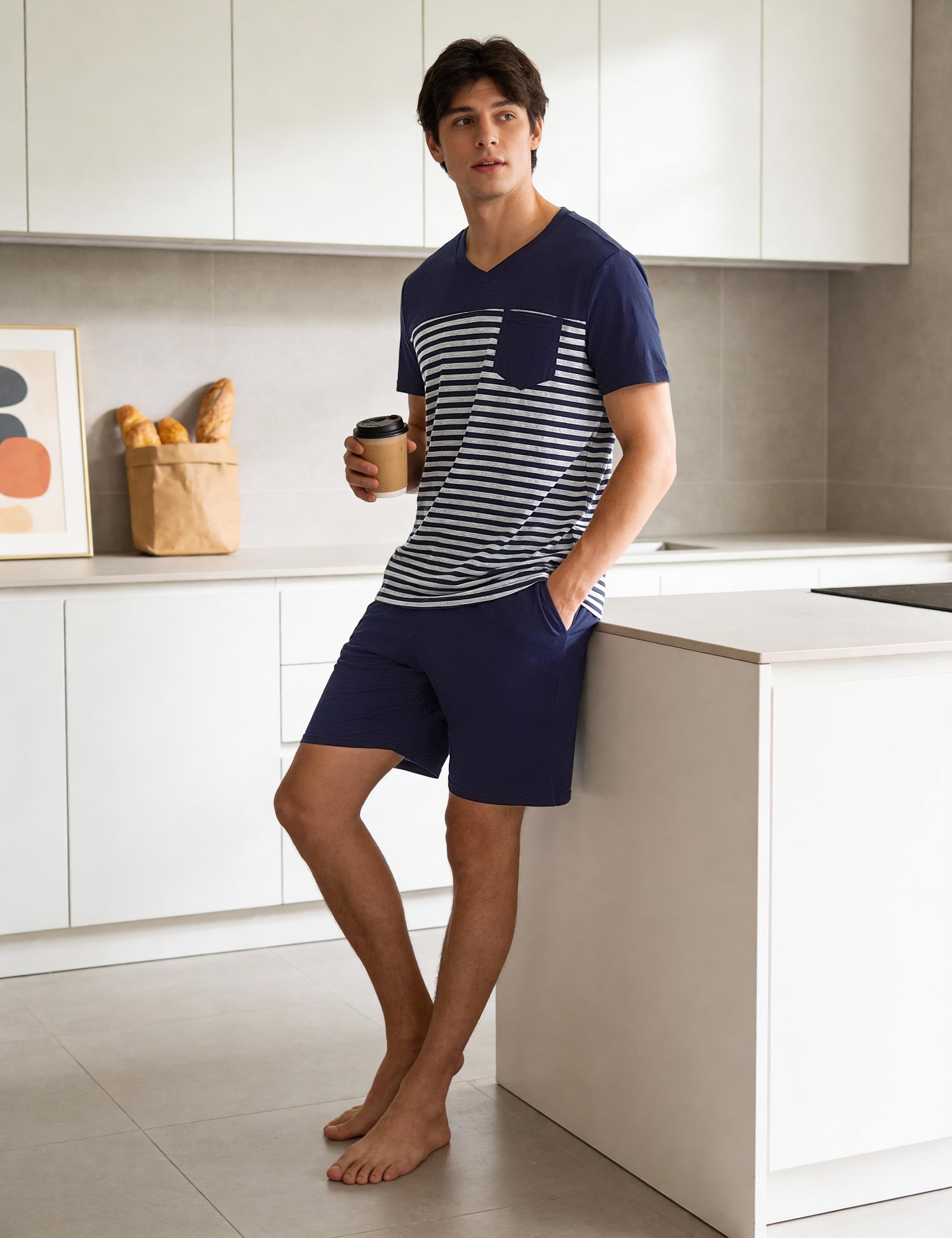 Litherday Pijama Hombre Verano Corto Algodón Conjunto de Pijama Manga Corta Rayas y Pantalon Corto 2 Piezas Suave y Cómodo
