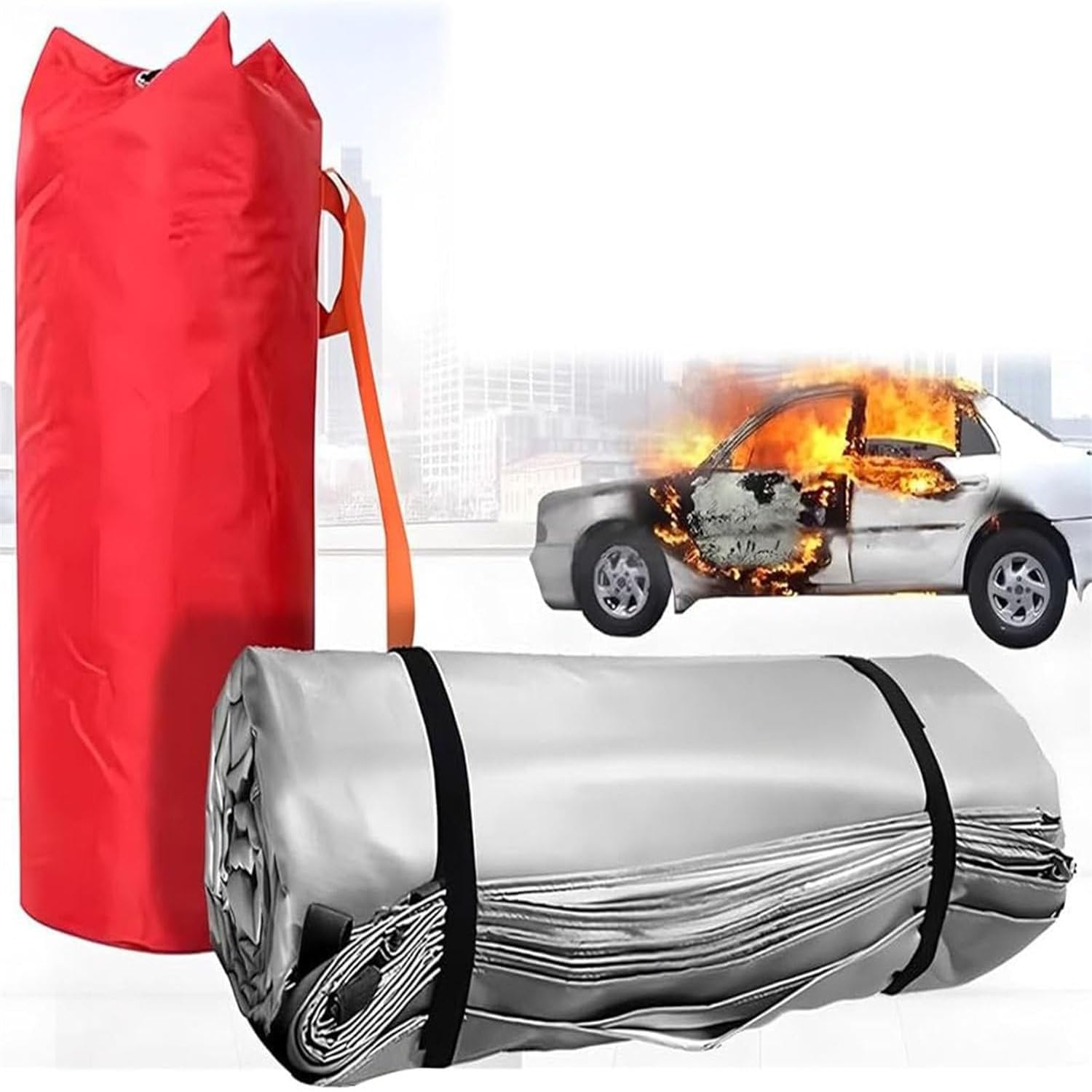 LQQYJSM EV Car Fire Blanket, Large Silicone Fire Blankets 1100°C Reusable Emergency Fire Suppression Blanket, Fiberglass + Double-Sided Silicone Emergency Firefighting Blanket 6×9m/19.7x29.5ft