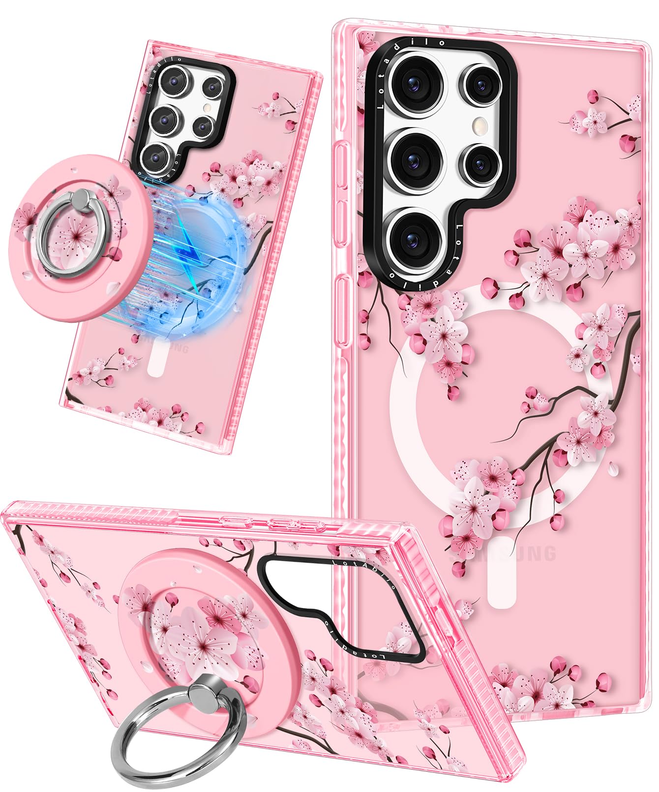 Lotadilo Cute Case for Samsung Galaxy S25 Ultra for Women Girls - Funny Peach Blossom Design Compatible with Magsafe Magnetic Ring Holder Kickstand