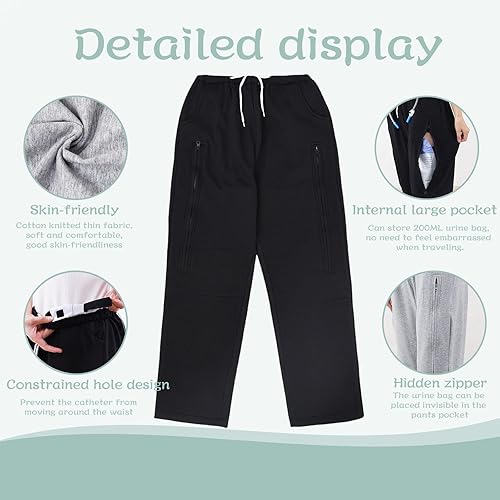 Miniatura 2 de Pantalones unisex para el cuidado de la incontinencia, pantalones de catéter, bolsillos con doble cremallera para bolsas de catéter de 67.6 fl oz,