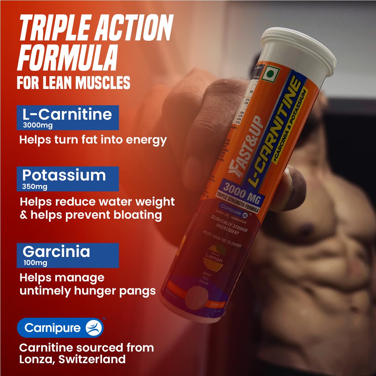 Fast&Up L Carnitine Tartrate 3000mg Effervescent Tablets | Triple Action L-Carnitine Supplement with Garcinia Cambogia & Potassium | Fat Burner for Weight Loss, Energy & Lean Body | Lemon Flavour, 10 Tabs (Pack of 2) 1