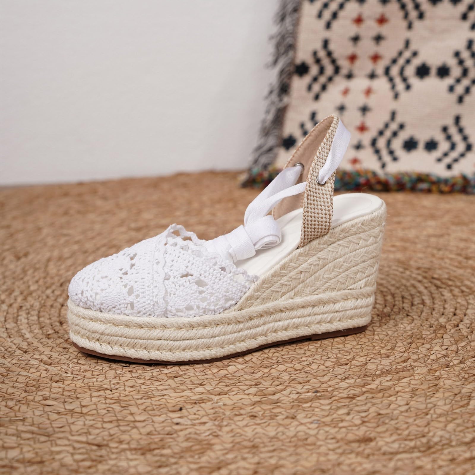 Espadrillas da donna con zeppa e frange, in tela, con zeppa, scarpe estive, sandali con zeppa, infradito bohémien intrecciate, sandali chiusi