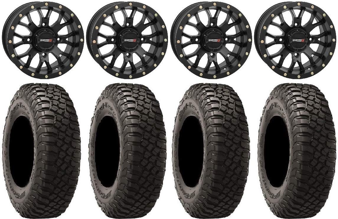 Bundle - 9 Items: System 3 ST-3 Black 15" Wheels 32" BFG KM3 Tires [4x156 Bolt Pattern 3/8x24 Lug Kit]
