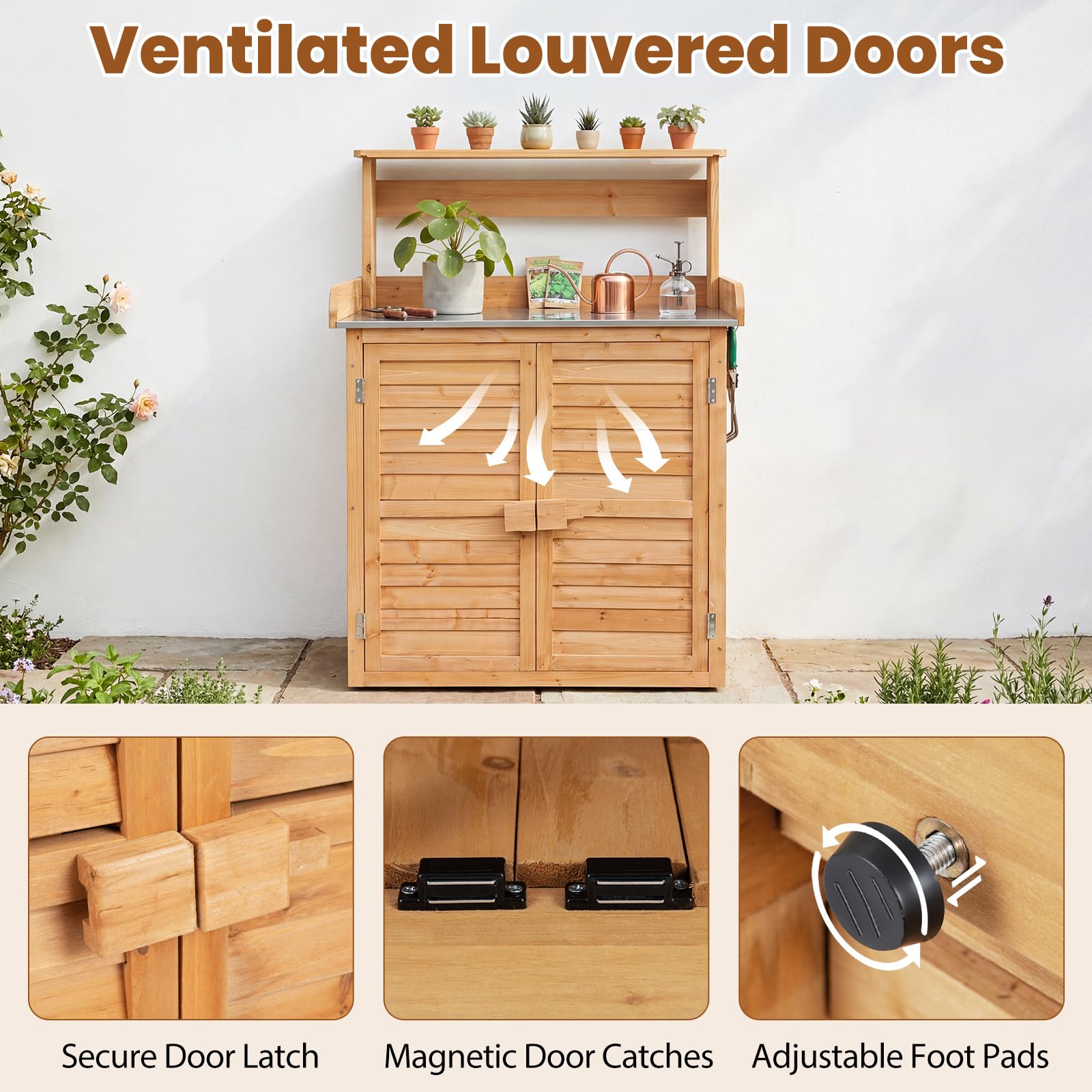 COSTWAY Pflanztisch Holz, wetterfester Gärtnertisch mit Unterschrank | Edelstahl Arbeitsplatte, oberes Regal & 3 Seitenhaken, Geräteschrank für Garten, Balkon & Terrasse, 87 x 45 x 120 cm (Gelb)
